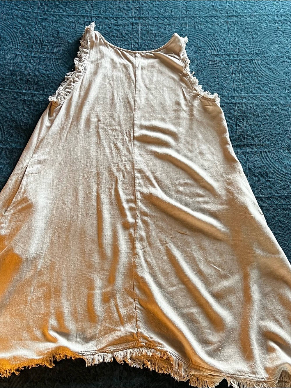 Valentina Naldi Frayed Hem Sleeveless BoHo Beige Linen Dress Size L/XL - Picture 9 of 12